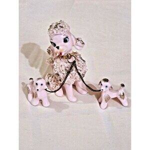 Vintage Pink & White Spaghetti Poodle w/Roses & 2 Puppies, Life-Like Blue Eyes